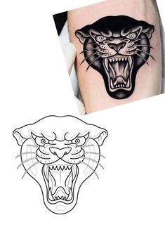 a black and white photo of a tattoo with an image of a tiger's head