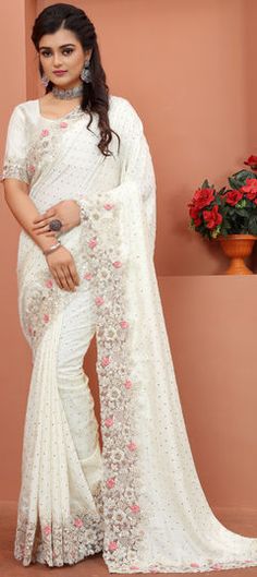 White and Off White color Saree in Satin Silk, Silk fabric with Embroidered, Thread work Worked Saree, Off White Saree, Net Blouses, White Saree, Designer Sarees Online, Net Saree, Trendy Sarees, Fancy Blouses, Fancy Blouse Designs