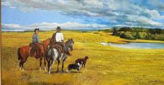 two men on horses and a dog in a field