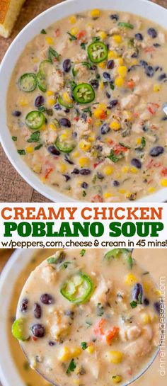 creamy chicken and black bean soup with peppers, cheese and cream in a white bowl