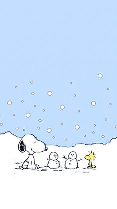 a charlie brown christmas card with snoop and his family on the snow covered ground in front of a blue sky