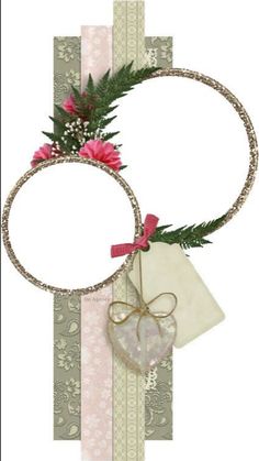 an image of a circle with flowers and ribbon on it's side, surrounded by other decorative items