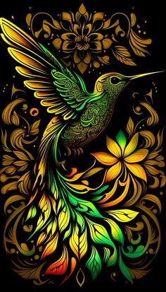 a colorful bird flying through the air with flowers on it's back ground and an ornate