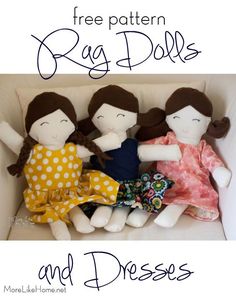 three dolls sitting on top of a couch with the text free pattern rag dolls and dresses