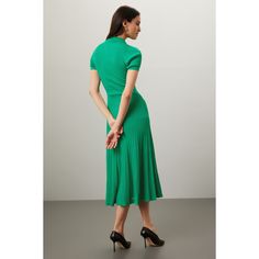 Green (Lower main fabric: 62% Viscose, 38% Polyamide; Upper main fabric: 53% Viscose, 45% Polyamide, 2% Elastane). Casual dress. Short sleeves. Collared. Front button closure. 49" from shoulder to hemline. Imported. Fitted Viscose A-line Midi Dress, Green Midi Dress With Fitted Bodice, Flattering A-line Cocktail Dress, Pleated V-neck Dress With Fitted Waist, Cocktail A-line Dress With Fitted Waist, Green Stretch Evening Dresses, Stretch A-line Pleated Midi Dress, Formal A-line Viscose Midi Dress, Flattering Fitted A-line Dresses