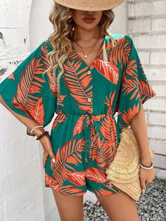 Multicolor Boho Collar Three Quarter Length Sleeve Woven Fabric Tropical,Plants,All Over Print Shirt Embellished Non-Stretch  Women Clothing Summer Beach Style, Summer Fashion Beach, Plant Print, Short Rompers, Tropical Plants, Beach Style, Summer Beach, Jumpsuits For Women, Summer Women