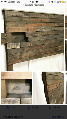 several different pictures of wood planks on the side of a bed with storage compartments