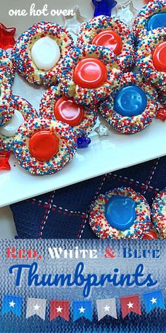 A white tray filled with red, white and blue sprinkled thumbprint cookies. Memorial Day Desserts, 4th July Food, Patriotic Cookies, Bite Size Cookies, Patriotic Food, Patriotic Desserts, Blue Cookies