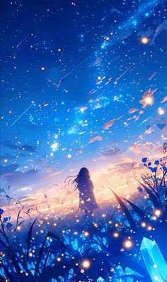 a girl standing in the middle of a field with stars above her, looking up at the sky