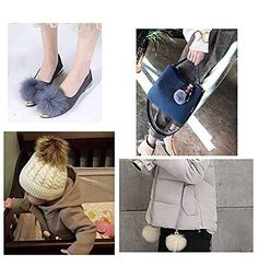 four pictures of women's shoes and purses with pom - poms