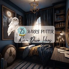 a bedroom with blue walls and an owl on the window sill in front of it