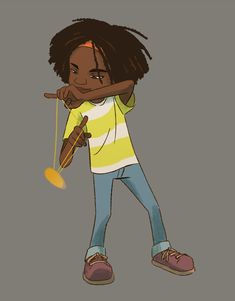 a cartoon girl with dreadlocks holding an instrument in her right hand and smiling at the camera