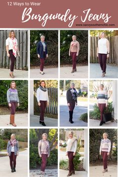 Burgandy Outfits For Women Winter, Burgundy Jeans Outfit Fall, What To Wear With Burgundy Pants, Burgandy Pants Outfits, Maroon Jeans Outfit, Burgundy Trousers Outfit, Burgundy Leggings Outfit, Burgundy Jeans Outfit, Olive Jeans Outfit