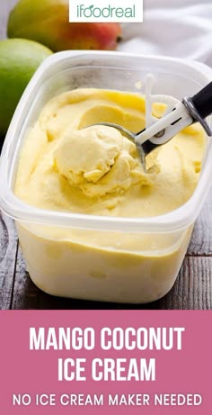 mango coconut ice cream in a plastic container with a knife sticking out of the top