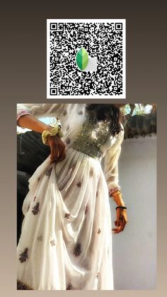 a woman in a white dress is standing with her hand on her hip and the qr code above her