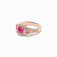 14K Rose Gold Pink Sapphire and Diamond Ring Luxury Rose Gold Ruby Ring With Halo Setting, Rose Gold Ruby Ring With Halo Design, Fine Jewelry Rose Gold Ruby Ring With Halo Design, Classic Rose Gold Ruby Ring For Proposal, Classic Rose Gold Ruby Ring With Halo Setting, Classic Pink Cluster Ring For Anniversary, 14k Rose Gold Ruby Promise Ring, Rose Gold Ruby Ring With Halo, Classic Pink Halo Ring