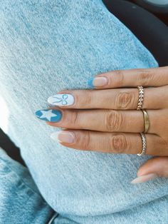 bow nails, blue nails, star nails Gel X Nail Ideas Almond, Light Blue Bow Nails, Cute Nails Acrylic 2024 Simple, Star And Bow Nails, Bow And Star Nails, Nails Light Blue Design, Fun Nail Inspo 2024, Simple Nails With Design, Cute Nails With Bows