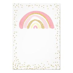 a white card with gold dots and a pink rainbow on the front, against a white background