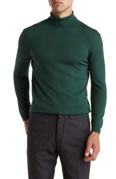 A supersoft turtleneck sweater knit from stretch-enhanced cotton offers a performance fit that's breathable, comfortable and stylish. Turtleneck Long sleeves 97% cotton, 3% spandex Hand wash, dry flat Imported Model stats: 6'1" height, 32" waist. Hunter Green For Men, Men Dark Green Outfit, Timothee Chalamet Slytherin Sweater, Turtle Neck Sweater Men, Green Turtleneck Outfit Men, Solid Cotton Turtleneck Sweater, Dark Green Sweater Outfit Men, Solid Color Cotton Turtleneck Sweater, Winter Cotton Stretch Turtleneck