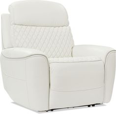 a white leather reclining chair with diamond stitching on the arms and backrests