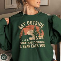 The perfect gift for the Outsider or Hiker in your life! This funny outdoor sweatshirt from Triangle Threads gives you a classic vintage sunset design with a humorous twist for anyone who loves a good day in the woods! The Gildan 18000 50/50 blend sweatshirt has a comfy, lived-in feel that is perfect for long hikes or lounging on the couch. So get outside and get yours today... after all what's the worst that could happen? * Product Highlights * Ideal for any situation, this Gildan 18000 heavy b Outdoor Graphic Print Crew Neck Sweatshirt, Graphic Print Crew Neck Sweatshirt For Outdoor, Outdoor Crew Neck Sweatshirt With Letter Print, Outdoor Letter Print Sweatshirt Crew Neck, Crew Neck Sweatshirt With Letter Print For Outdoor Activities, Crew Neck Sweatshirt With Letter Print For Outdoor, Letter Print Crew Neck Sweatshirt For Outdoor, Green Crew Neck Sweatshirt For Outdoor, Outdoor Pre-shrunk Crew Neck Sweatshirt