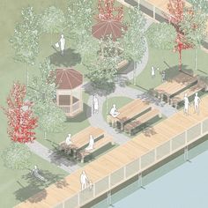 an artist's rendering of a park with picnic tables and people on the boardwalk