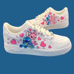 Custom hand painted air force 1 shoes. Images of Stitch and Angel with hearts. Prices vary depending size. Cost of shoes included in the price. Stitch Trainers, Hand Painted Air Force 1, Custom Jordan Shoes, Shoes Images, Painted Air Force 1, Stitch Things, Stitch Shoes, Baby Birthday Outfit, Lilo And Stitch Characters