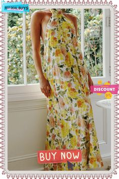 Vacation Print Split Joint Halter Straight Dresses Spring Non-stretch Floral Maxi Dress, Spring Floral Print Non-stretch Maxi Dress, Non-stretch Floral Print Sundress For Spring, Non-stretch Spring Sundress Maxi Dress, Spring Non-stretch Maxi Dress For Day Out, Non-stretch Maxi Dress For Spring Daywear, Straight Dress, Women's Fashion Dresses, Fashion Dresses