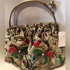 Nwt Gorgeous Vintage Silk Handbag With Beading Palm Tree Detail And Brass Ring Snap Closure. Vintage Embroidered Top Handle Bag, Luxury Vintage Evening Bag With Gold-tone Hardware, Vintage Green Beaded Bag, Luxury Vintage Beaded Shoulder Bag, Vintage Evening Bag With Gold-tone Hardware, Fancy Bags, Brass Ring, Brass Handles, Vintage Handbags