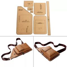 four pieces of brown leather with tags attached to them