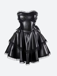 The Goth Faux Leather Mini Dress delivers bold, edgy style with its sleek faux leather and strapless design. Corset-style lace-up sides add gothic flair, while the flared skirt creates a playful silhouette, perfect for nights out, cosplay, or an alternative wardrobe staple. Goth aesthetic Invisible zip closure at back Lace trim at chest & hem Adjustable drawstring at side Layered skirt A-line Strapless PU Goth Mini Dress, Black Gothic Corset Dress For Club, Black Strapless Corset Dress For Halloween, Fitted Strapless Faux Leather Dress, Gothic Strapless Corset For Club, Gothic Corset Dress For Fall Party, Gothic Corset Dress For Spring Night Out, Punk Halloween Corset Dress For Night Out, Punk Style Halloween Corset Dress For Night Out