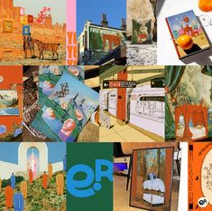 a collage of photos with oranges and paintings