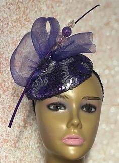 Purple Sequins Hat for Church, Wedding, Mother of the Bride, Head Covering, Tea Parties Hat is trimmed with rhinestones, loops, feather stem, and a hat pin. The hat pin may vary. Perfect for any special occasion. Hat can be worn on either side of the head. SIZE 5.9 inches in diameter. Gifts for mom, sister, wife, or yourself. Fitted Bridal Accessories For Royal Ascot Party, Fitted Bridal Accessories For Kentucky Derby Party, Adjustable Party Headpiece With Rhinestones, Adjustable Rhinestone Headpiece For Party, Elegant Fitted Costume Hat With Tall Crown, Adjustable Wedding Headband Costume, Adjustable Hat For Ceremony, Adjustable Hat Headpiece For Ceremonies, Embellished Adjustable Headpieces For Evening