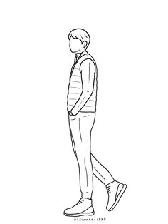 a drawing of a man walking with his back to the camera and looking at something