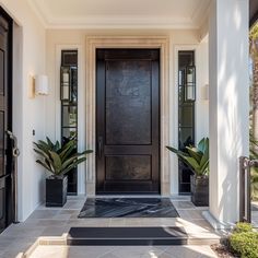 a black door and some plants in front of it