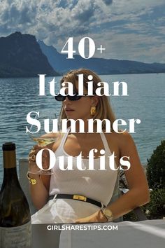 a woman sitting at a table with a bottle of wine in front of her and the words 40 + italian summer outfits