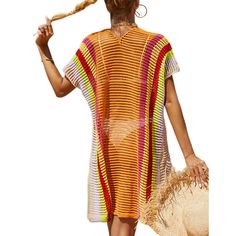 Orange Hollow-out Rainbow Kimono Knit Beachwear Knit Cover-up For Beach Party In Spring, Casual Knitted Cover-up For Spring, Knit Cover-up For Spring Beach Party, Casual Open Knit Cover-up For Beach Season, Casual Knit Cover-up For Day Out, Casual Open Knit Cover-up For Beach Party, Spring Beach Party Knit Cover-up, Casual Knitted Cover-up For Beach Season, Casual Multicolor Beach Season Cover-up