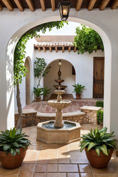 an outdoor fountain surrounded by potted plants