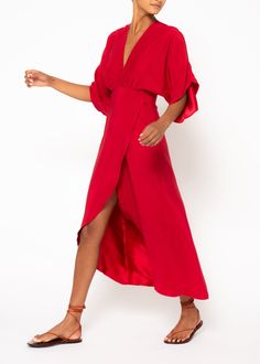 Red silk maxi dress Wrap Silk Dress, Half Kimono, Open Front Skirt, Katherine Dress, Brazil Style, Red Silk Dress, Silk Wrap Dress, Red Maxi, Red Dress Maxi