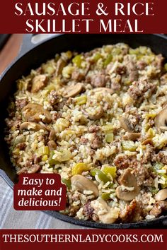 sausage and rice skillet meal with text overlay