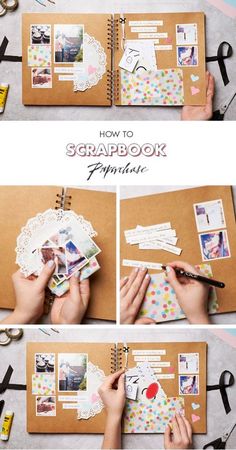 someone is making a scrapbook with pictures and papers on top of the book cover