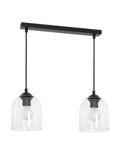 two clear glass pendant lights hanging from a black metal bar over a white wall and floor