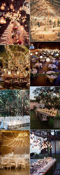 a collage of photos showing tables and chairs with lights strung from the top to bottom