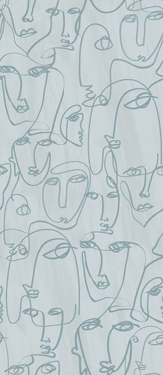 an abstract drawing of many faces on a white background with blue lines in the middle