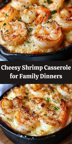 two pictures of shrimp casserole with cheese and parsley