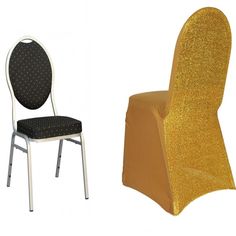 two chairs with black and gold covers next to each other