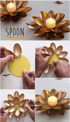 how to make a flower candle holder out of metal spoons and paper plates with candles