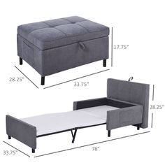 the bed frame and footstool are shown with measurements for each piece in this image