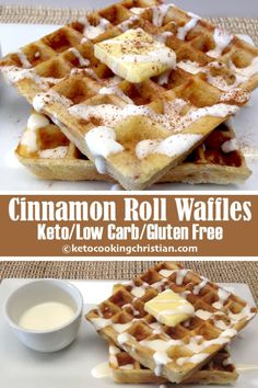 cinnamon roll waffles with cream on top and coffee in the middle, sitting on a white plate