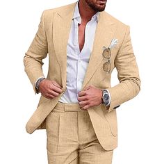 Men's Linen Suits Beach Wedding Summer Suits Solid Colored 2 Piece Tailored Fit One-Button Champagne Beige 2024 2024 - $95.99 Slim Fit Sets With Pockets And Notch Lapel, Fitted Sets With Suit Collar And Pockets, Fitted Pantsuit With Button Closure For Semi-formal Occasions, Slim Fit Suits With Lapel Collar For Spring, Slim Fit Suit With Lapel Collar For Spring, Slim Fit Spring Suits With Lapel Collar, Spring Slim Fit Suits With Lapel Collar, Slim Fit Single Breasted Set With Notch Lapel, Semi-formal Fitted Sets With Pockets